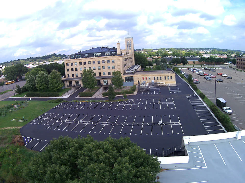 Aerial view of CW Lofts parking lot once the full renovation was completed